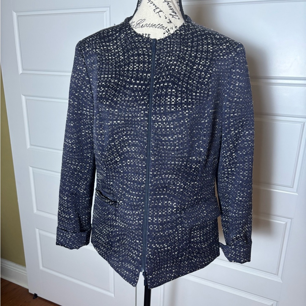 Lafayette 148 New York Jaylan Boucle Tweed Zip Front Blazer Seacliff Size 10